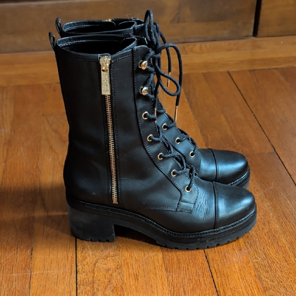 Michael Kors Black Lace-Up Platform Combat Boots with Gold Accents - Picture 4 of 10